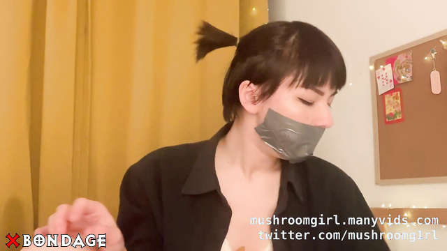 Mushroomgirl - Asian girl tape gagged and panty hooded
