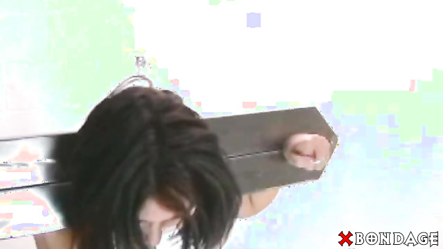 Metal Bondage - Sexy Brunette Cuffed in Metal and Touched by a Male