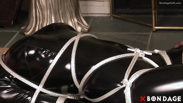 Bondagecafe - Sexy Blonde Ashley Lane Tied Up and Masturbated in Latex