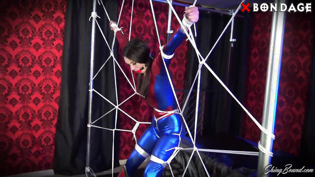 Shiny Bound - Sexy Brunette Cosplayer Spidergirl Ashley Wolf Caught in Web