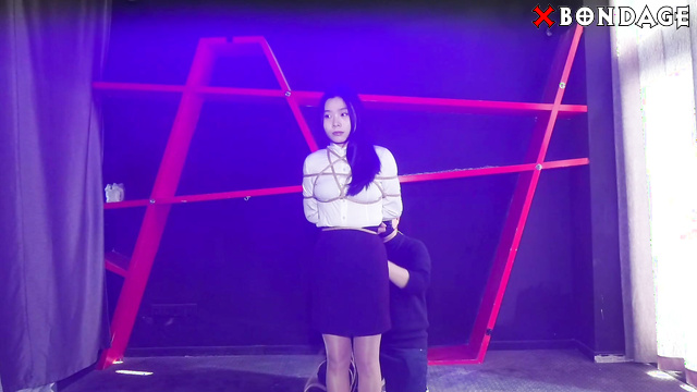 Chinese Bondage - Sexy Asian Brunette Ballgagged and Suspended in Shibari