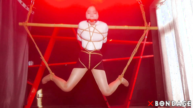 Chinese Bondage - Sexy Asian Brunette Ballgagged and Suspended in Shibari
