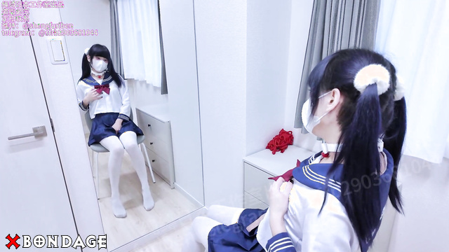 Chinese Bondage - Sexy Asian Schoolgirl Tied Up Blindfolded and Masturbated
