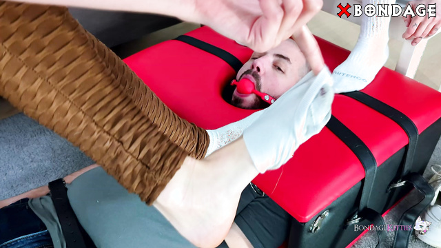 Bondage Kitties - Hogtied Male Slave Licking His Mistresses bare Feet