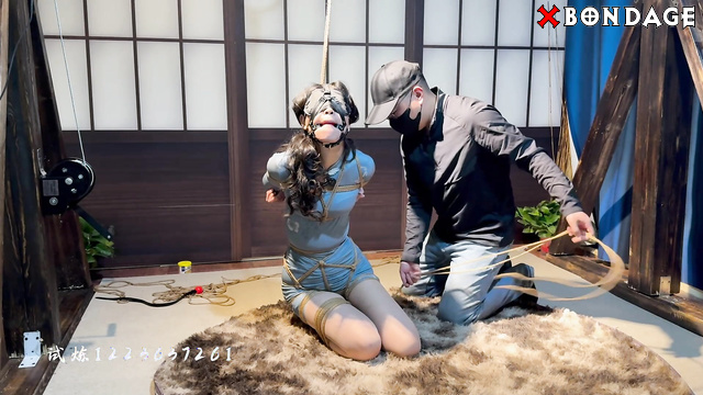 Chinese Bondage - Sexy Asain Brunette Suspended and Blindfolded